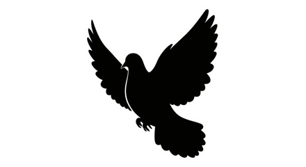 Silhouette of a black dove with wings spread wide in flight against a white background