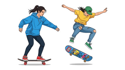 Obraz premium Skateboard Adventure: Two young female skillfully maneuver skateboards with grace and energy, showcasing their passion for skateboarding and vibrant lifestyle.