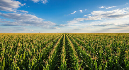 Fototapeta premium Vast Green Corn Field Under a Beautiful Blue Sky