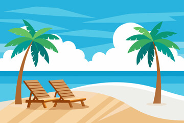 Tropical beach scene with palm trees and lounge chairs