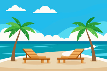 Obraz premium Two empty lounge chairs on a tropical beach with palm trees