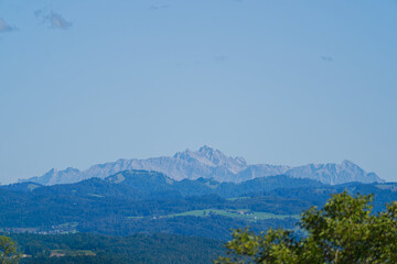 Obraz premium Scenic view of Glatt valley with Alpstein mountains in the background seen from Swiss city of Zürich on a sunny summer day. Photo taken August 31st, 2025, Zurich Schwamendingen, Switzerland.
