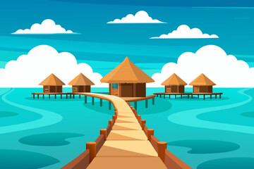 Tropical overwater bungalows on turquoise water with pathway