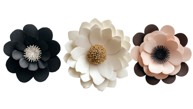 Three dimensional paper flowers in black, cream, and blush pink - Powered by Adobe