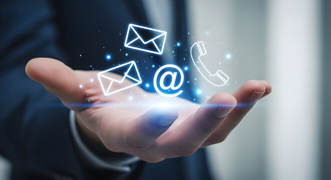 Hand presenting floating icons of email at-symbol and phone with envelope hologram, modern customer service and digital communication concept