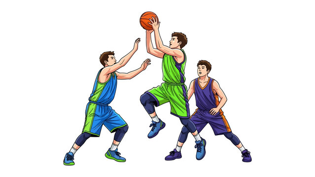 Basketball Action: A dynamic illustration capturing the essence of basketball, with players engaged in an intense game of hoops, showcasing skill and determination.