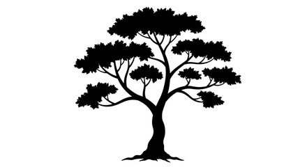 Silhouette of a majestic stylized tree with spreading branches and lush foliage against a white background © rabbivay