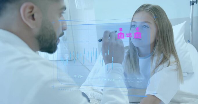 Doctor moving penlight to child eye and monitoring pupil contraction with medical interface charts