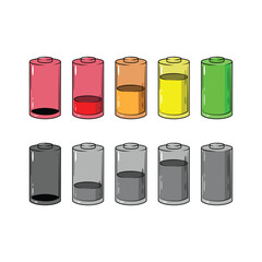  Cartoon design set of vertical battery level indicators in percentage vector. . Battery indicator symbols. 0-100 percent.
