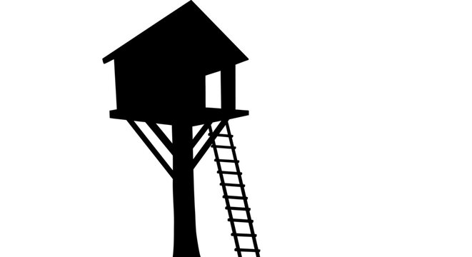 Silhouette of a rustic wooden treehouse with a ladder against a clean white background