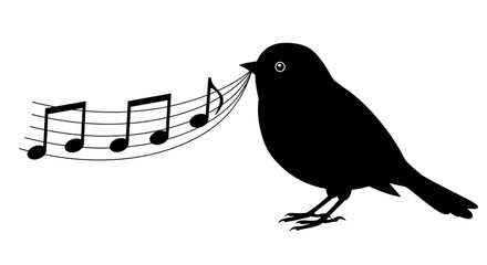 Black bird silhouette singing musical notes on a staff creating a melody of sound and nature