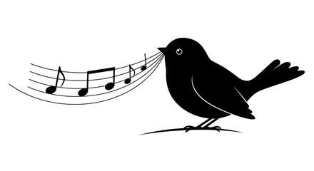 Chirping blackbird silhouette singing a melody with musical notes flowing from its beak