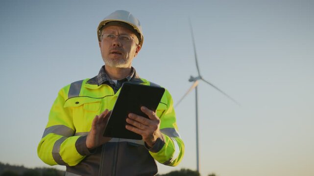 Male inspector in protective helmet and safety jacket holding tablet. Worker examining renewable energy documentation near wind turbine. Man analyzing wind farm project outdoors in field.