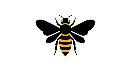 Stylized illustration of a black and yellow striped bee with spread wings on a white background