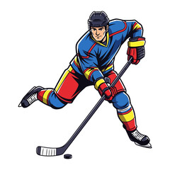 Obraz premium Hockey Player in Action: A dynamic illustration captures a hockey player in full swing, skillfully maneuvering the puck with determined focus, showcasing the energy of the sport.