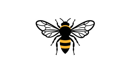Stylized illustration of a black and yellow striped bee with detailed transparent wings on a white background