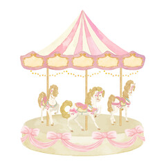 午年の年賀状用のカラフルなメリーゴーランドのイラスト