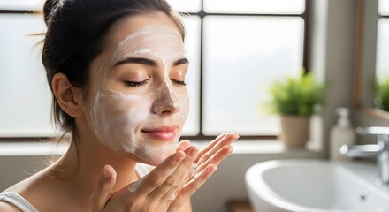 A woman with a facial mask applied in a bathroom with hands near her face and her eyes closed