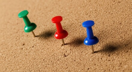 Colorful Push Pins on Brown Corkboard Surface for Office or Craft Use