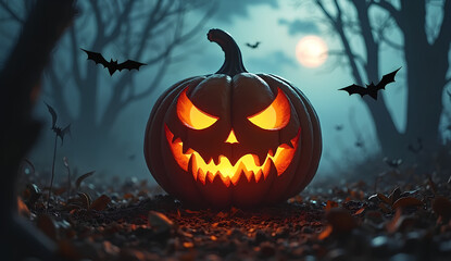 Scary Jack O’Lantern Pumpkin in Foggy Forest Night