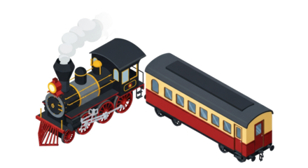 vintage steam locomotive journey isometric illustration of retro train and passenger car, isolated on transparent background