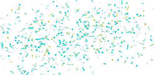 Beautiful image of teal and gold confetti falling on white background, perfect for celebrations and festive designs.