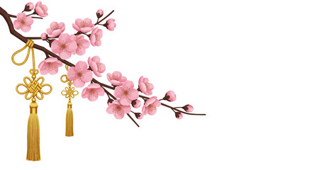 Pink cherry blossoms and golden tassels on a branch