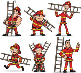 Cartoon firefighters with ladders, humorous poses, rescue theme, vector set, character illustration, educational bundle, profession icons, playful design