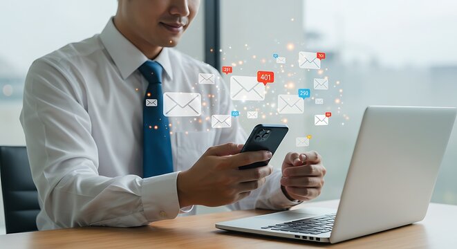 Man in shirt and tie using smartphone with email notifications and laptop - Powered by Adobe