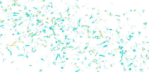 High-resolution image of teal and gold confetti falling on white background. Perfect for celebratory designs.
