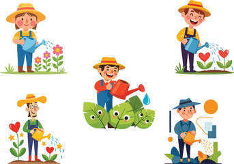 Cartoon gardeners watering plants, colorful characters, nature theme, vector set, educational bundle, flower care, eco-friendly illustration, outdoor activity
