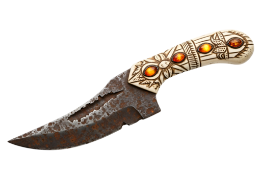 An intricately carved, ornate knife, showcasing a bone handle embellished with decorative patterns and vibrant orange stones, set against a dark background.