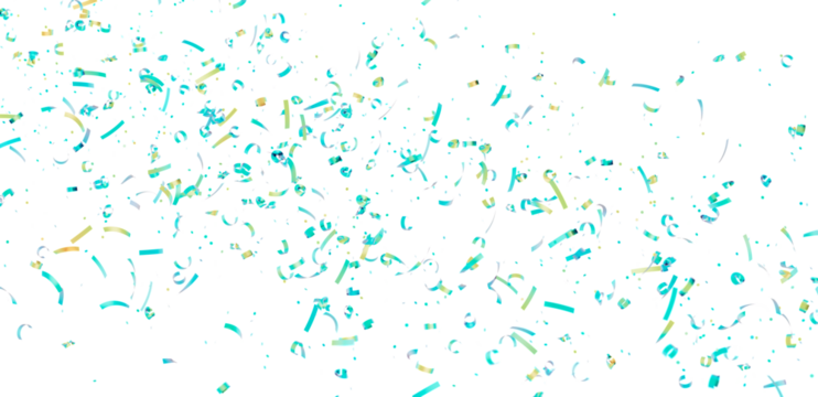 Bright teal and gold confetti falling on white. Festive background for party, celebration, or holiday designs.