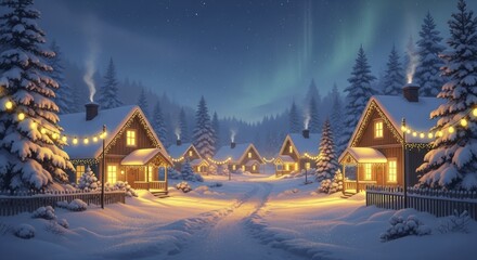 Enchanting winter wonderland village at night, with snow-covered cabins, festive lights, a winding path, and the magical aurora borealis under a starry sky.