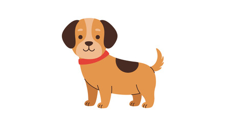 Adorable cartoon illustration of a happy brown and white dog wearing a red collar standing on a white background