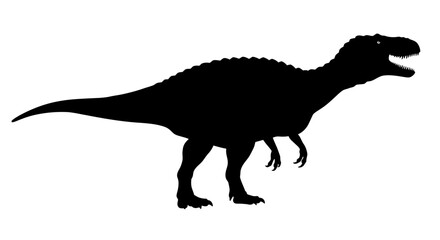 Silhouette of a fearsome spinosaurus dinosaur with its mouth open roaring in prehistoric times
