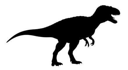Silhouette of a fearsome tyrannosaurus rex dinosaur with its mouth open in a roar against a white background