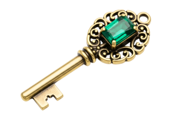 Ornate brass key pendant with a vibrant emerald-cut gem.