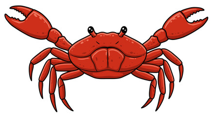 A bright red cartoon crab with its claws raised in a friendly or defensive gesture isolated on white