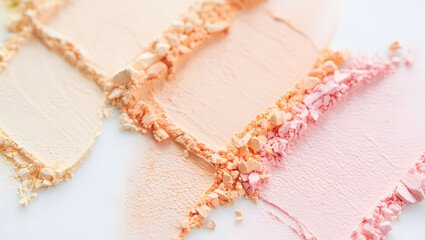 Closeup of cosmetic powder swatches in pastel colors on a white background, showcasing beauty, texture, and makeup products