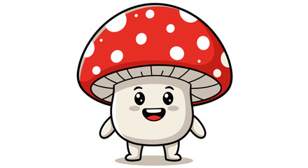 Cute cartoon fly agaric mushroom character with a happy expression and white spots on its red cap