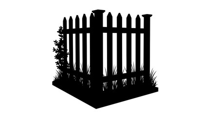 Silhouette of a weathered wooden picket fence with overgrown vines and a cross shape emerging from the top