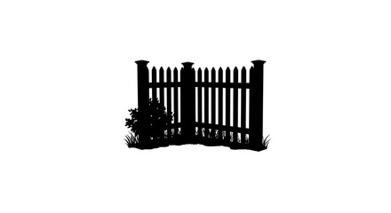 Black silhouette of a classic picket fence gate with a small evergreen bush on the left side against a white background