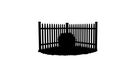 Silhouette of a solitary figure standing behind a dark imposing slatted fence on a white background