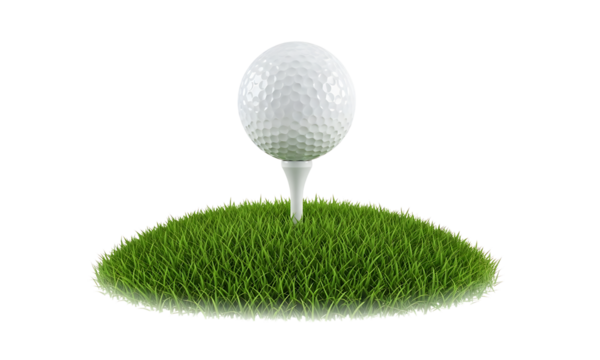 Golf Ball on a Tee, A perfect, crisp shot of a pristine golf ball poised on a tee atop a neatly manicured patch of vibrant green grass. A symbol of precision and sport.