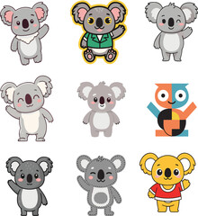 Cartoon koala illustrations, cute animal grid, diverse styles, colorful outfits, expressive poses, children art, character design, playful artwork