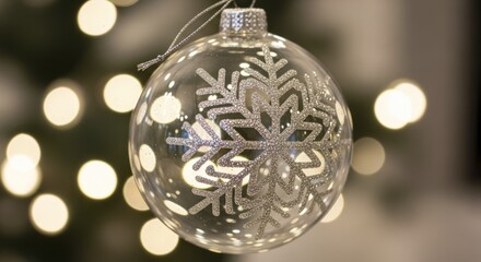Close-up of a clear glass Christmas ornament featuring a sparkling silver glitter design, suspended against a background of warm, blurred festive lights.