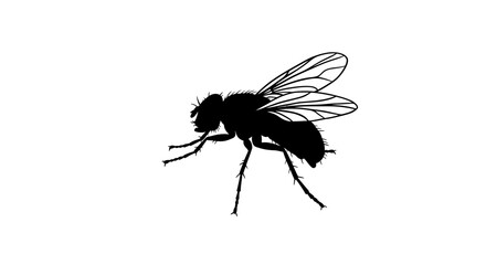 Detailed silhouette of a common housefly in flight with intricate wing details on a white background