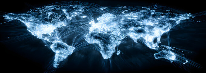 Blue digital world map with glowing network lines an data points, ideal for glbal communication and infomation technology themes