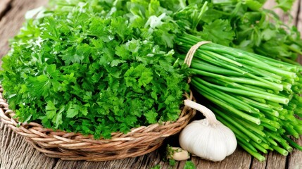 Naklejka premium Harvesting fresh herbs cilantro and garlic culinary bliss kitchen natural light close-up flavorful cooking